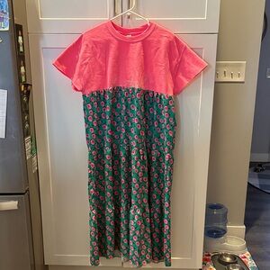 Gildan Pink Top with Green Floral Tiered Midi Dress Upcycled boho unique
